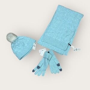 Talbots Women's LOT - Cable Knit Beanie Hat Scarf & Tech Gloves Set Blue Aqua